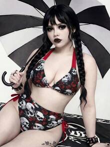 ROMWE Goth Plus Size Skull & Floral Print Swimwear Set - Black - View 1