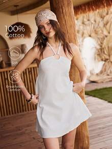 Lullawish Đầm dệt hai dây phong cách Bohemian 100% cotton, thích hợp mặc nhà cho nữ. - trắng - Xem 1