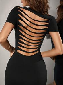 SHEIN ICON 女款夏季性感純色露背修身迷你洋裝 - 黑色 - 查看 7