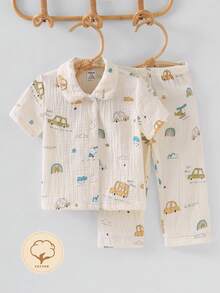 2pcs Baby Boy Casual Car Graphic Woven Short Sleeve Top And Relaxed Pants Set, Comfortable Outfit - Apricot - View 3