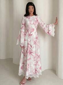 Yasmyna Abito lungo a maniche lunghe con stampa digitale intrecciata rosa, con bordo in pizzo bianco, silhouette a vita stretta e linea ad A, elegante stile romantico arabo, adatto per primavera/estate - Rosa - Visualizzare 4