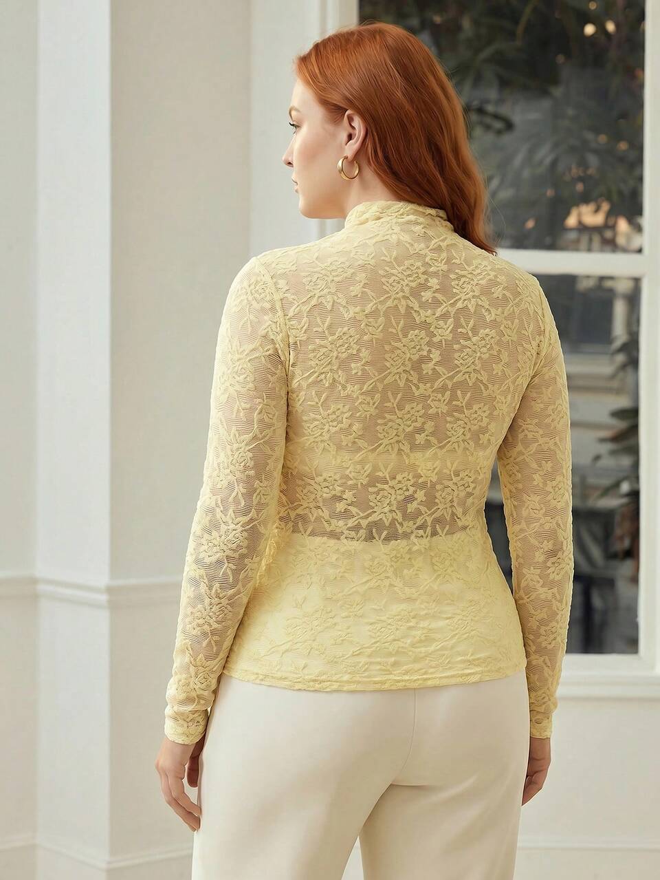 PLUS SIZE WOMEN TURTLENECK TEXTURED YELLOW UNDERSHIRT, SHEER MESH LONG SLEEVE LAYERING TOP