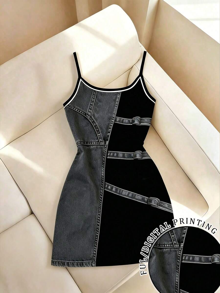 Franclia New Arrival Bestselling Denim Effect Print Regular Fit Women's Camisole Bodycon Mini Dress - Multicolor - View 1