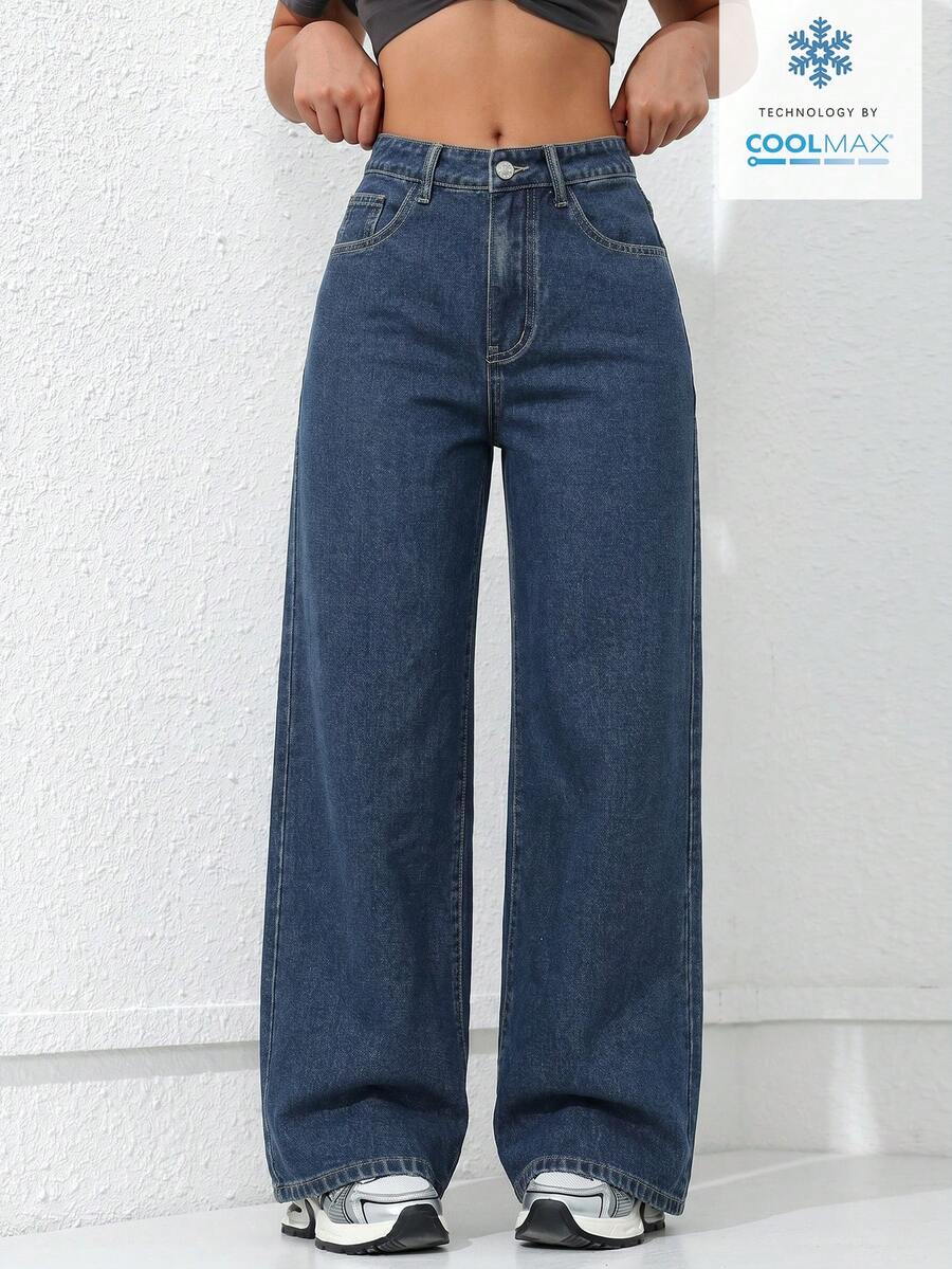 SHEIN ICON Quần jeans ống đứng dáng thường ngày với túi xéo - Rửa tối - Xem 1