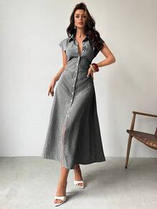 Firerie Đầm midi nữ tay phồng kẻ sọc xanh trắng dáng chữ A, đầm thắt eo, đầm sơ mi thường ngày, đầm cổ bẻ thường ngày, chân váy midi kẻ sọc thắt eo, thích hợp cho mùa xuân, hè, thu, thanh lịch, công sở, hẹn hò, văn phòng, tựu trường, ngày Nhà giáo, các dịp trang trọng, đầm công sở thường ngày, đầm tối giản. - Đen và trắng - Xem 5