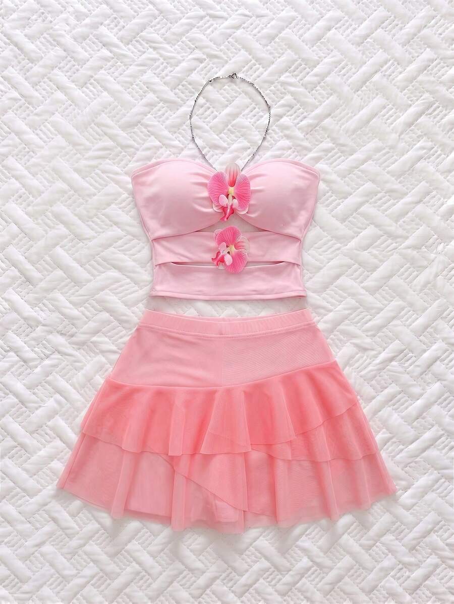 SHEIN Unity 女款春夏粉色浪漫少女風鏤空花朵鈕扣上衣與網紗不對稱層次下擺裙 2件套 - 粉色 - 查看 1