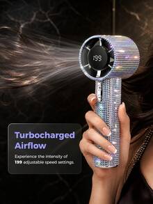 JMMO 1Pc Bling Rhinestone Portable Handheld Fan With 1800mAh Battery, USB Rechargeable High-Speed Turbo Fan With LED Digital Display & 199 Adjustable Speed Levels - Multicolor - View 5