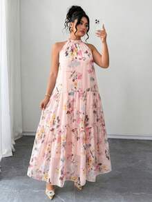 Elenzga Đầm maxi hoa mùa hè cỡ lớn, đầm dự tiệc cưới bãi biển xếp tầng cổ yếm, đầm maxi cổ yếm hoa phong cách boho cỡ lớn, đầm maxi mùa hè đi biển không tay xếp tầng dành cho nữ, đầm maxi cổ yếm hoa cỡ lớn, đầm maxi phong cách boho không tay xếp tầng, trang phục nghỉ hè cỡ lớn dành cho nữ. - Nhiều màu - Xem 5