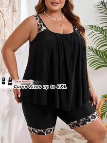 SHEIN CURVE+ Two Pieces Set Of Plus Size Women's Pants, Two Pieces Swimwear Set Bathing Suits For Women Swimwears For Woman - Black - View 5