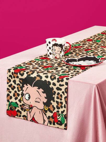 Betty Boop x SHEIN 1 chiếc, Cờ để bàn in hình báo đốm dành cho bé gái, chất liệu dày dặn, chống trượt, in toàn bộ bề mặt, màu đen trang trí, phù hợp với bàn có chiều dài 90/160/183/200cm, quà tặng Giáng sinh.