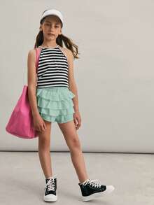 SHEIN Tween Girls' Casual Solid Color Skirt Shorts - Mint Green - View 6