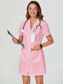 TaskEZ 实验服/白大褂，常规肩短袖，带口袋，翻领 - 粉色 - 查看 1