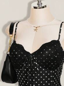 SHEIN ICON 大码女式波点撞色蕾丝连衣裙 - 黑色 - 查看 6