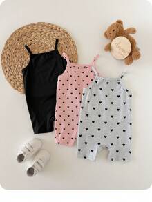 SHEIN Conjunto de 3 piezas de mono casual de punto con patrón de corazón de unicolor para bebé niña - Rosa - Ver 2