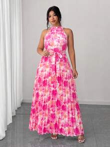 Elenzga Plus Size Women Elegant Romantic Ditsy Floral Halter Neck Pleated Flowy Waist Maxi Dress - Multicolor - View 1