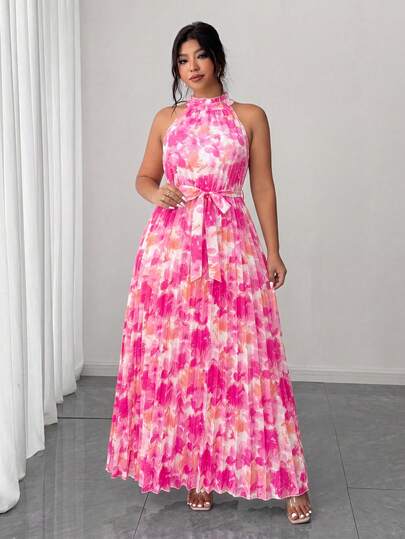 Elenzga Plus Size Dam Elegant Romantisk Småblommig Halterneck Plisserad Böljande Midja Maxiklänning