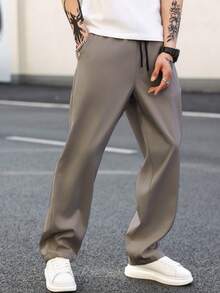 Manfinity Homme Men's Solid Color Drawstring Waist Straight Leg Casual Pants, Versatile, Fall - Grey - View 3