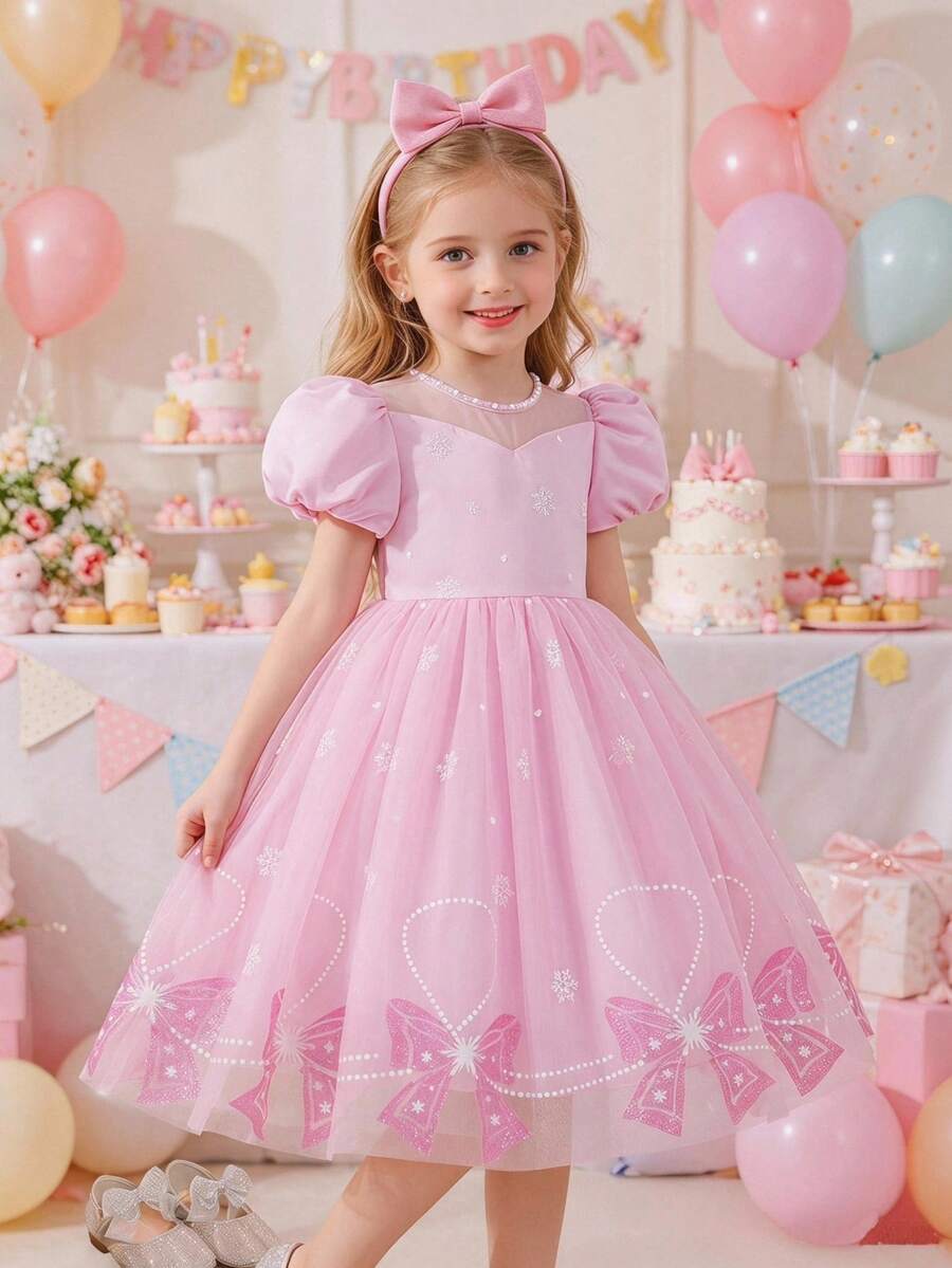 Glamorique Kids Đầm satin voan màu hồng in hình nơ và bông tuyết cho bé gái, đầm công chúa dễ thương, đầm dự tiệc sinh nhật cho trẻ em, đầm dự đám cưới, chân váy phồng đính hạt thủ công. - Hồng - Xem 1