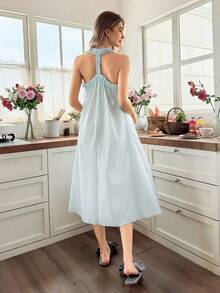 Snug Reverie Áo ngủ hở lưng xếp ly rộng, màu xanh nhạt lãng mạn dành cho phụ nữ - Màu xanh nhạt - Xem 2