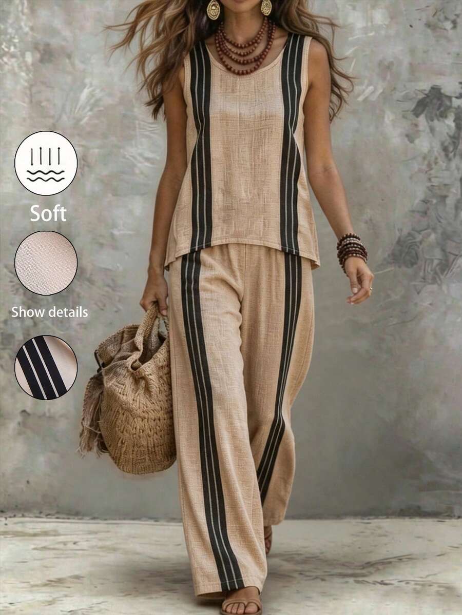 Breezaya Bộ đồ nữ thường ngày kẻ sọc 2 mảnh, áo không tay + quần, trang phục mùa hè đa năng, bộ đồ in họa tiết vải có kết cấu, bộ đồ thường ngày, trang phục mùa hè, bộ kẻ sọc, đi làm, hàng ngày, mùa xuân, mùa thu, họp hành, công sở, văn phòng hàng ngày, hẹn hò, đồng phục giáo viên thành thị, trang phục Giáng sinh và Năm mới, tụ họp thường ngày, trang phục du lịch, năng động, thanh lịch, tối giản, trang phục phù hợp mọi mùa, trang phục đi biển, trang phục mùa hè, bộ đồ đi nghỉ mát, bộ đồ bên bờ biển, trang phục mùa hè dành cho nữ. - Nhiều màu - Xem 1