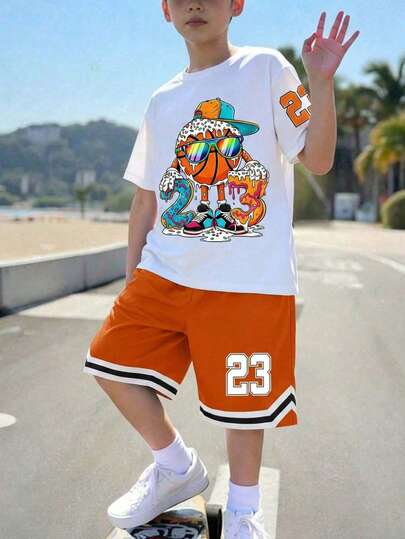 SHEIN Set de 2 piezas Camiseta de manga corta con cuello redondo y estampado de baloncesto 23 + Pantalones cortos con bolsillo para adolescentes, estilo deportivo casual, primavera/verano