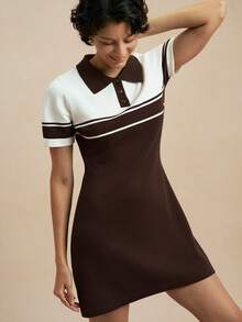 Nima Coro Brown And White Contrast Collar Preppy Classic Everyday Teacher Elementary Spring/Summer Women Short Sleeve Fitted Knit Dress Back-To-School - Coffee Brown - View 5
