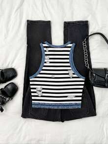Divinelle Áo tank top nữ dáng ôm, cổ tròn, tối giản, chất liệu giả da máy móc đen trắng kẻ sọc, hiệu ứng giả rách, phù hợp cho mùa hè và phong cách đường phố. - Nhiều màu - Xem 4