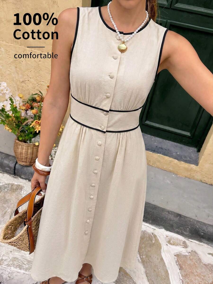 Elyressa Ladies Weave Elegant Mid-Length Summer Dresses - Apricot - View 1