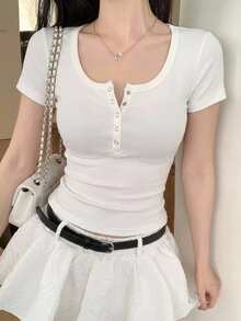 Dazy Star Solid Color Ribbed Knit Short Sleeve T-Shirt,Crop Tops Women - White - View 8