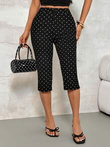 SHEIN PETITE Quần skinny dài 7/8 chấm bi đen kiểu Old Money mùa hè mới, thích hợp mặc thường ngày và đi làm. - màu đen - Xem 3