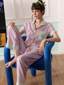 Chillnights 女士休闲撞色条纹字母印花翻领纽扣宽松梭织睡衣套装 - 彩色 - 查看 6