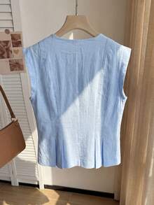 Comfortcana Plus Size Women's Casual Vacation Style Light Blue 100% Cotton Shirt, Comfortable Summer Vacation Vest-Style Shirt With V-Neck And Button Closure - Baby Blue - View 7