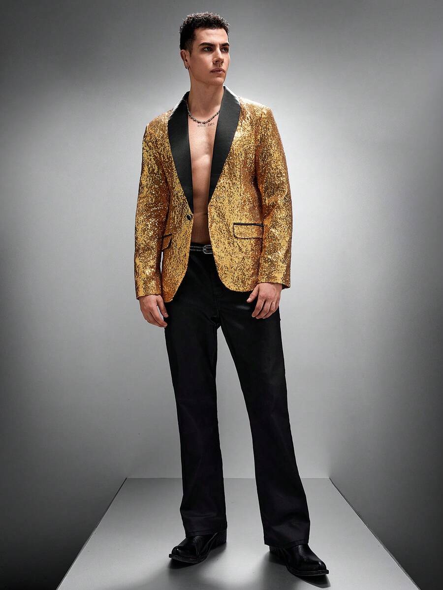 Zorclune 男士金色亮片西装外套,魅力迪斯科风格,常规版型,长袖翻领纽扣夹克,适合派对、婚礼等场合,男士奢华服饰,祝您2026新年快乐!金色男士夹克 - 金色 - 查看 1