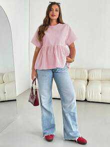 SHEIN Essnce 大码女装春夏时尚宽松休闲舒适日常修身蓝白条纹短袖娃娃衫，工作上衣，女士衬衫，曲线可爱上衣 - 淺粉色 - 查看 5