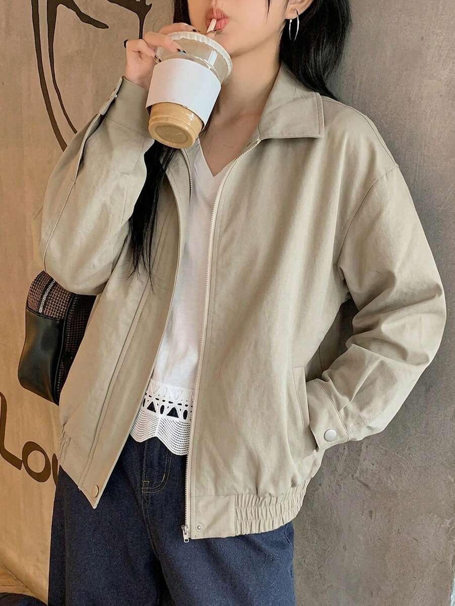 DAZY 女士纯色长袖拉链休闲外套 - 灰色 - 查看 1