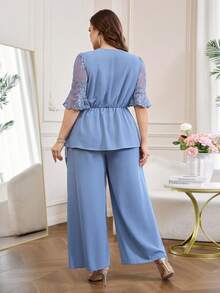 Reflora Plus Size Women's 2 Pieces Set,Elegant Blue And White Embroidered Summer Outfits,Charming Suits For Wedding Graduation Ceremony,Elegant Set - Blue - View 3