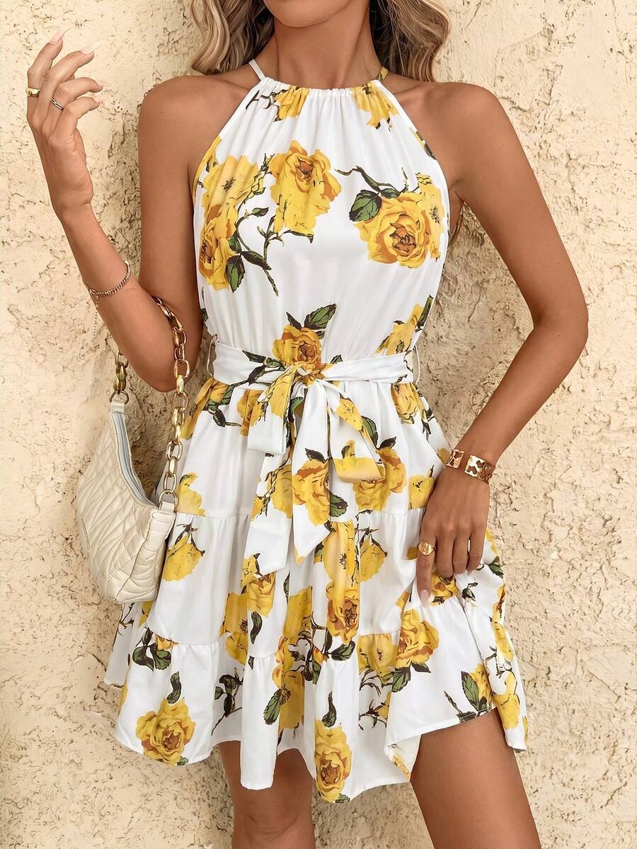 SHEIN Clasi Floral Print Elastic Waist Ruffle Hem Dress Summer Dress,Dresses For Women Summer - Yellow - View 1