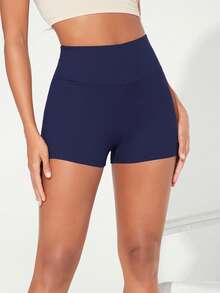 SHEIN BASICS 女款純色高腰修身短褲，夏季女款，海軍藍 - 藏蓝色 - 查看 7