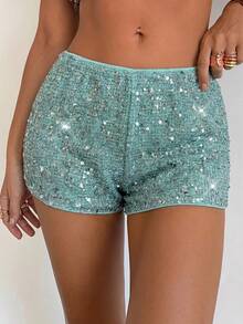 Aloruh Damen Frühling/Sommer neue erbsengrüne Weite Hose, Pailletten Shorts, Palazzo Hose mit niedriger Taille, Boho Party Outfit - Olivgrün - Übersicht 5