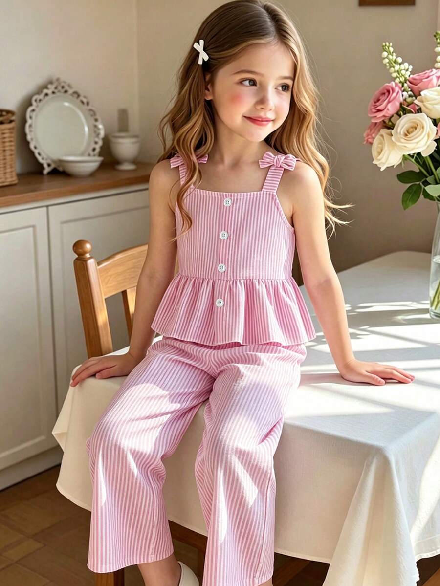 SHEIN Genkimix Kids 2件組少女粉色與白色條紋細肩帶上衣及寬腿長褲 - 粉色 - 查看 1