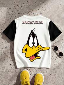 LOONEY TUNES X SHEIN GraphicGems 青少年男孩卡通印花撞色插肩袖圆领短袖T恤 - 黑與白 - 查看 2