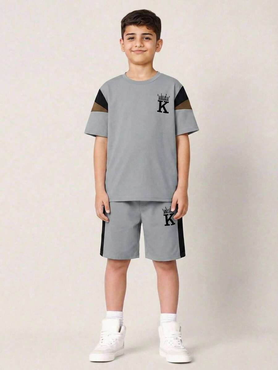 SHEIN 2pcs Tween Boy Black Summer Casual City Break Sporty Patchwork Contrast Color Print Short Sleeve Crew Neck T-Shirt And Elastic Waist Shorts Set - Grey - View 1