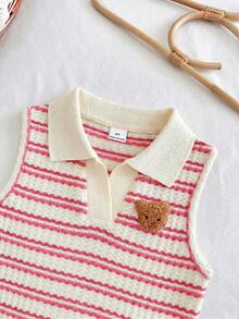 SHEIN LMoss Kids Áo polo kẻ sọc dệt kim hình gấu dễ thương cho bé gái, kiểu dáng thường ngày, thích hợp mặc mùa hè, quần áo trẻ em gái, áo polo kẻ sọc, áo kiểu mùa hè, trang phục đi học, trang phục hàng ngày. - Hồng - Xem 2