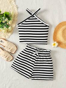 SHEIN Bộ đồ 2 món cho bé gái tuổi teen: Áo không tay kẻ sọc đen trắng và quần short dệt kim dáng rộng. - Đen và trắng - Xem 1