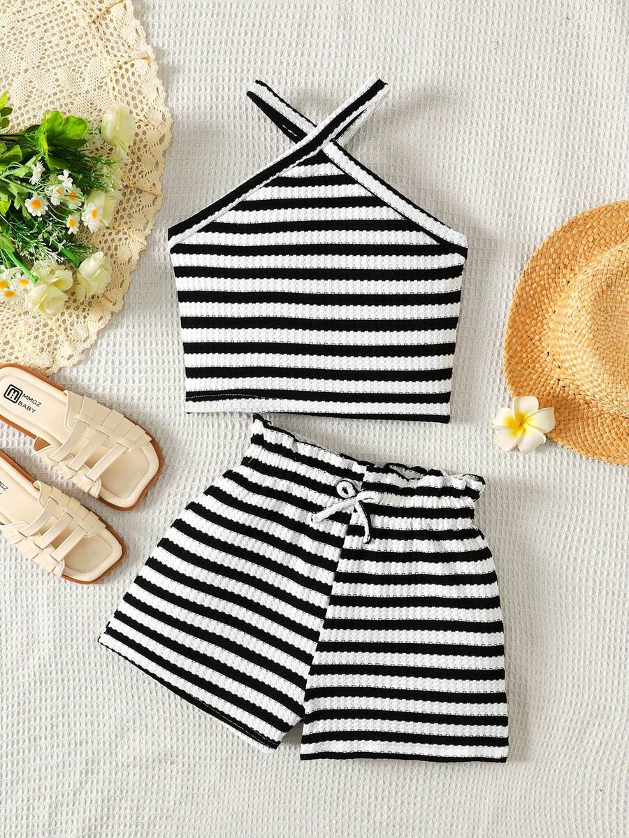 SHEIN Bộ đồ 2 món cho bé gái tuổi teen: Áo không tay kẻ sọc đen trắng và quần short dệt kim dáng rộng. - Đen và trắng - Xem 1