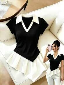 Franclia Women's Black And White Patchwork Knit Shirt,Summer Effortless Chic V-Neck Asymmetrical Hem Short-Sleeve Top,School Back-To-School Office Work Attire - Black and White - View 4