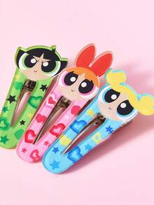 THE POWERPUFF GIRLS X SHEIN 3入組可愛卡通圖案壓克力髮夾，禮物，髮飾髮卡 - 彩色 - 查看 3