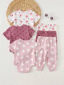 Cozy Pixies Set 6 Potong untuk Bayi Perempuan Baru Lahir: Romper Lengan Pendek Leher Bulat Lembut Motif Hati & Celana Pinggang Elastis - Berwarna merah muda - View 2