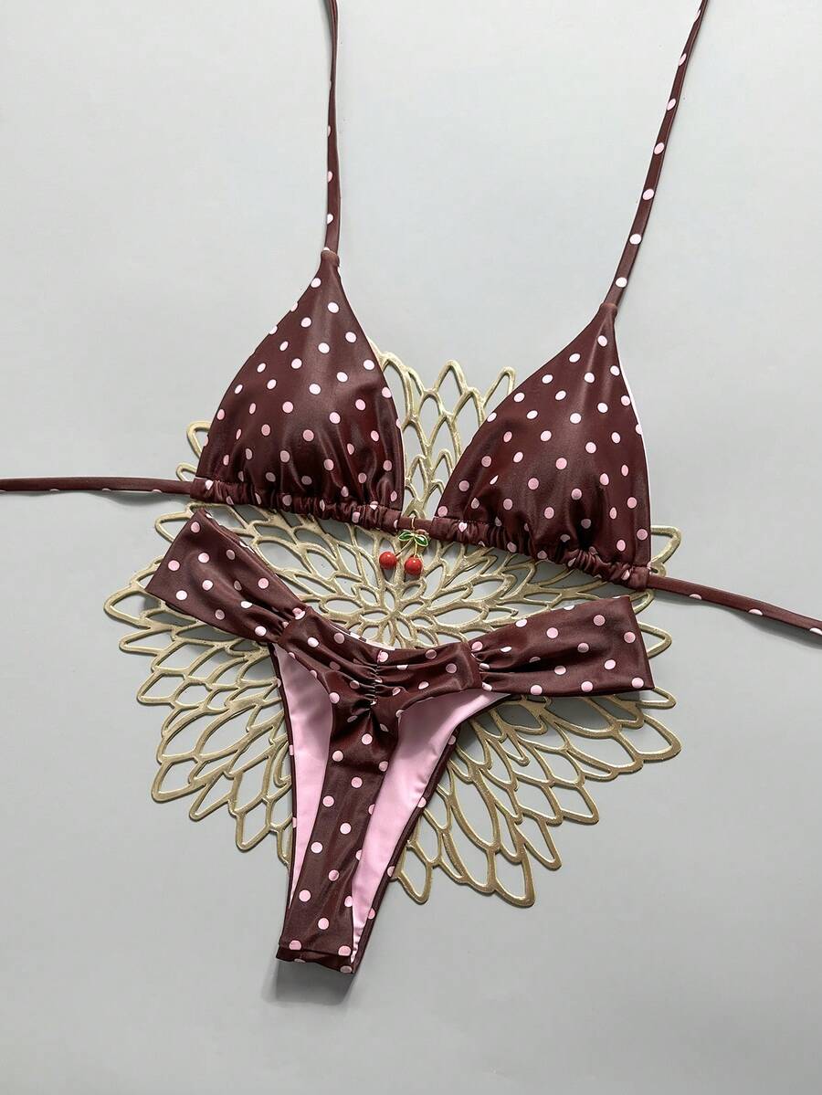 Swim Mod 2-Piece Set, Random Cherry Print Halter Triangle Bikini Top And Bottoms, Sexy Women Summer Swimwear - Multicolor - View 1