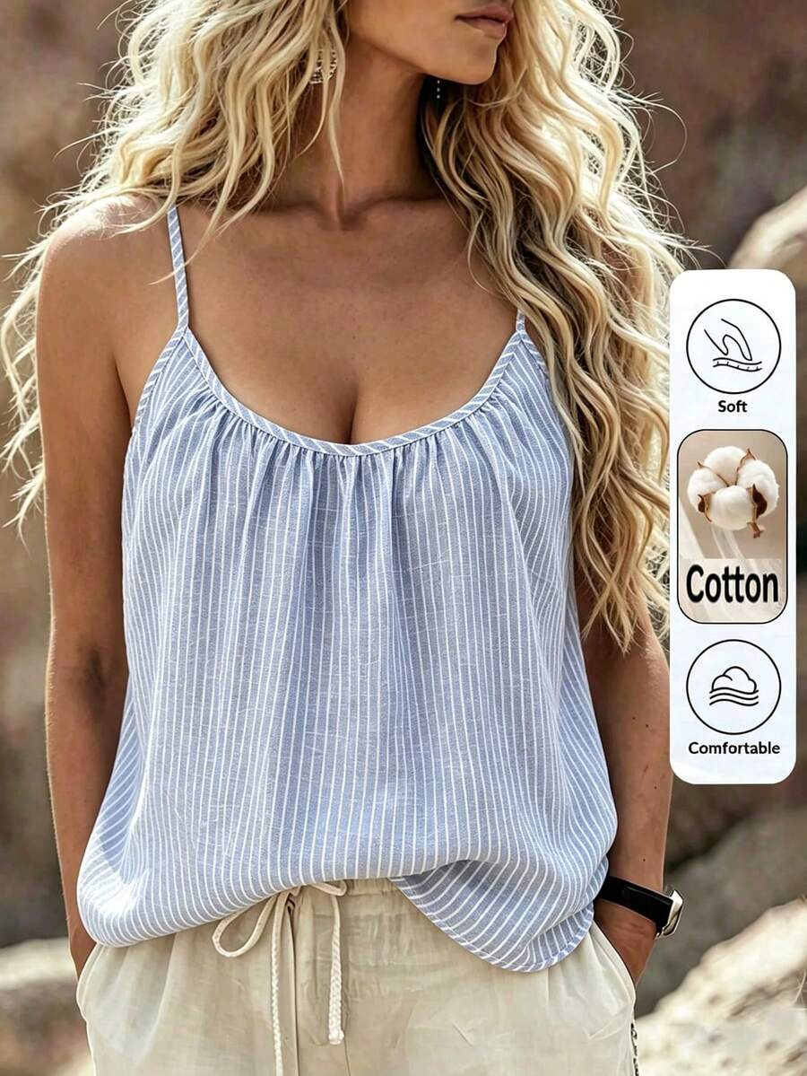 SHEIN LUNE CURVE Rompi Camisole Kasual Bergaris Depan Berkerut, Terbuat dari Campuran Katun, Cocok untuk Semua Musim, Untuk Perjalanan, Liburan, dan Pakaian Elegan untuk Berbagai Acara, Ukuran Plus - Biru - View 1